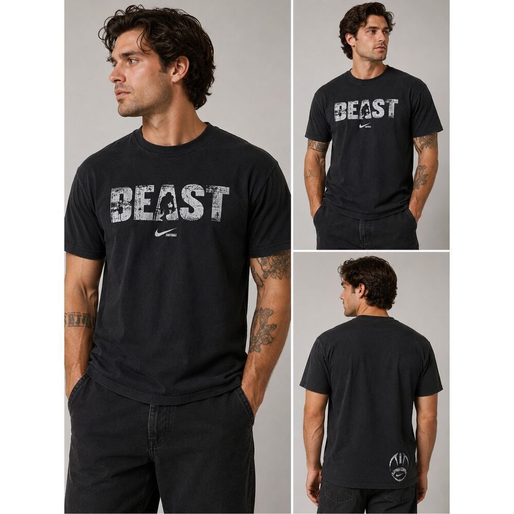 Rare Nike Football BEAST Graphic T-Shirt Black Men’s Size L Loose Fit Cotton
